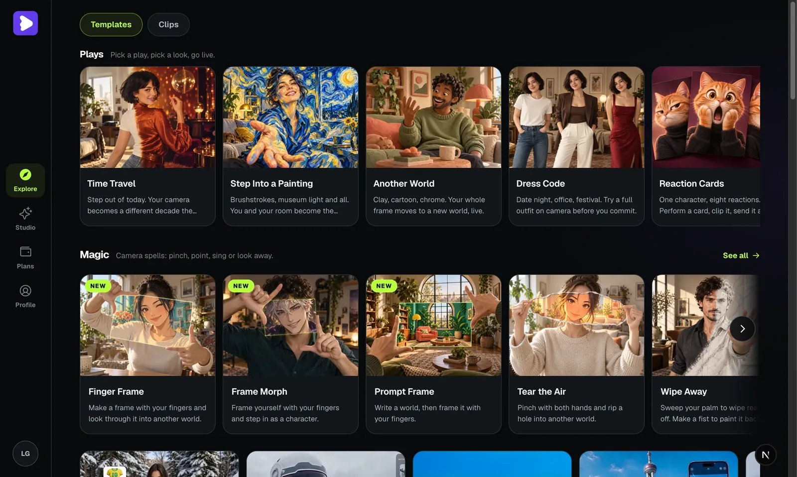 The LiveGen Explore page before a session starts, showing the Plays row with Time Travel, Step Into a Painting, Another World, Dress Code, and Reaction Cards, and the Magic row of gesture effects