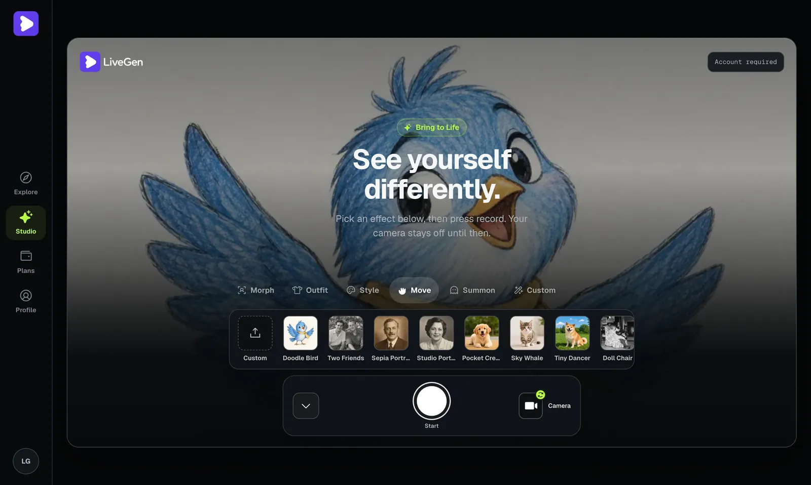 LiveGen Studio before a session starts, with the Move chip selected, a preset photo rail showing Doodle Bird, Two Friends, Sepia Portrait, and Studio Portrait, a Custom upload tile, a camera toggle, and the round Start button