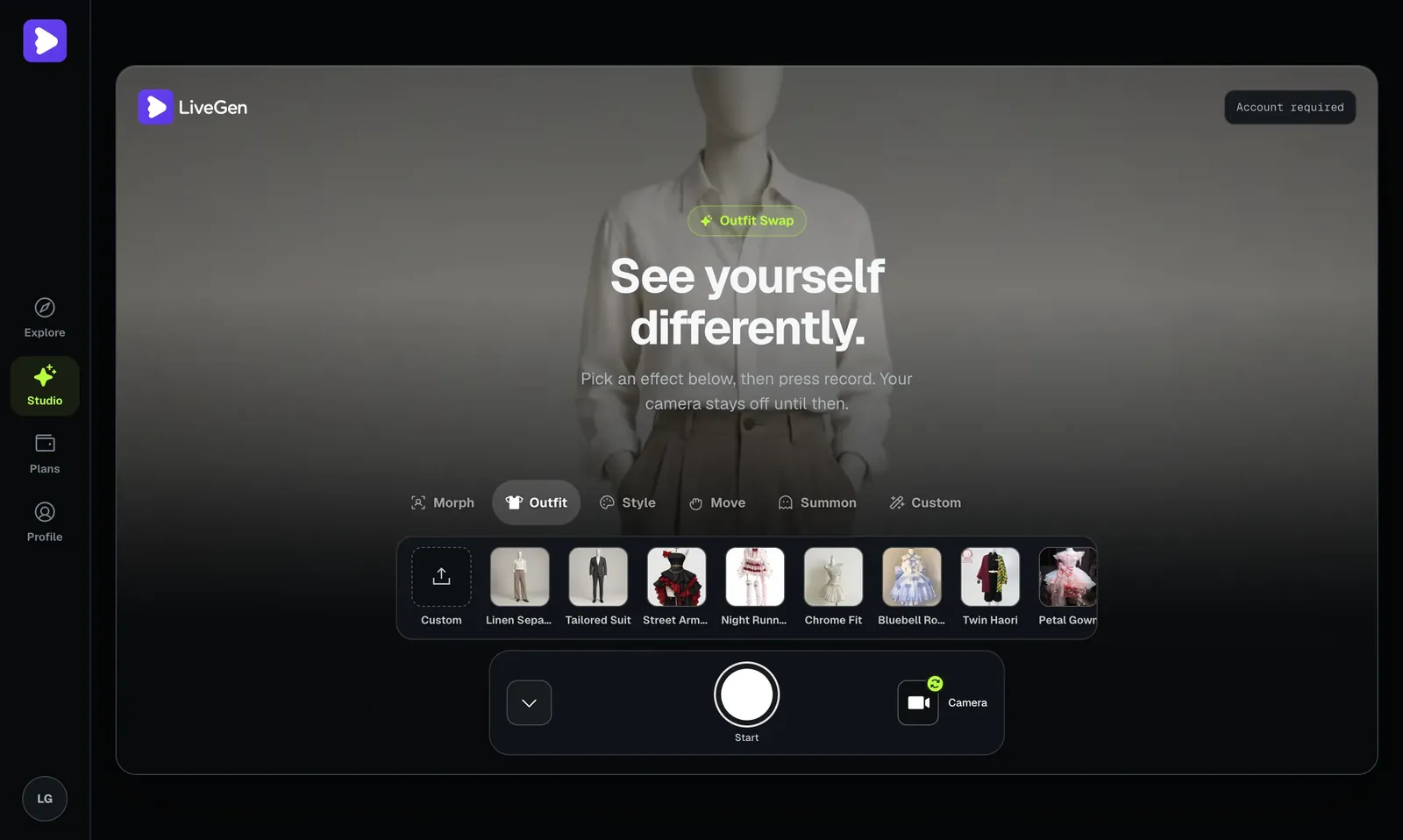 LiveGen Studio before the camera starts, with the Outfit chip selected and the outfit preset rail, Custom upload tile, and round Start button visible