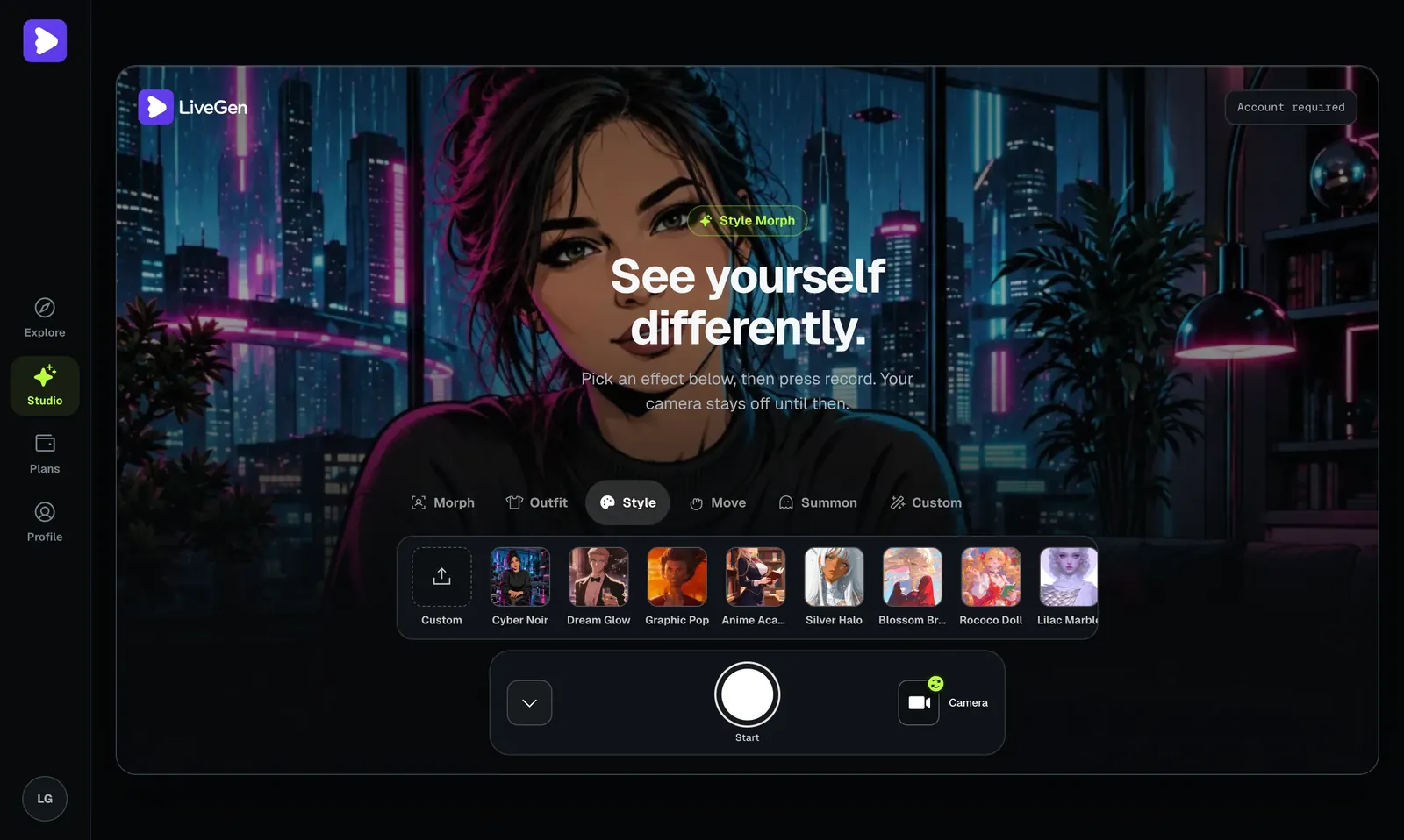 LiveGen Studio before the camera starts, with the Style chip selected and the style preset rail visible above the round Start button