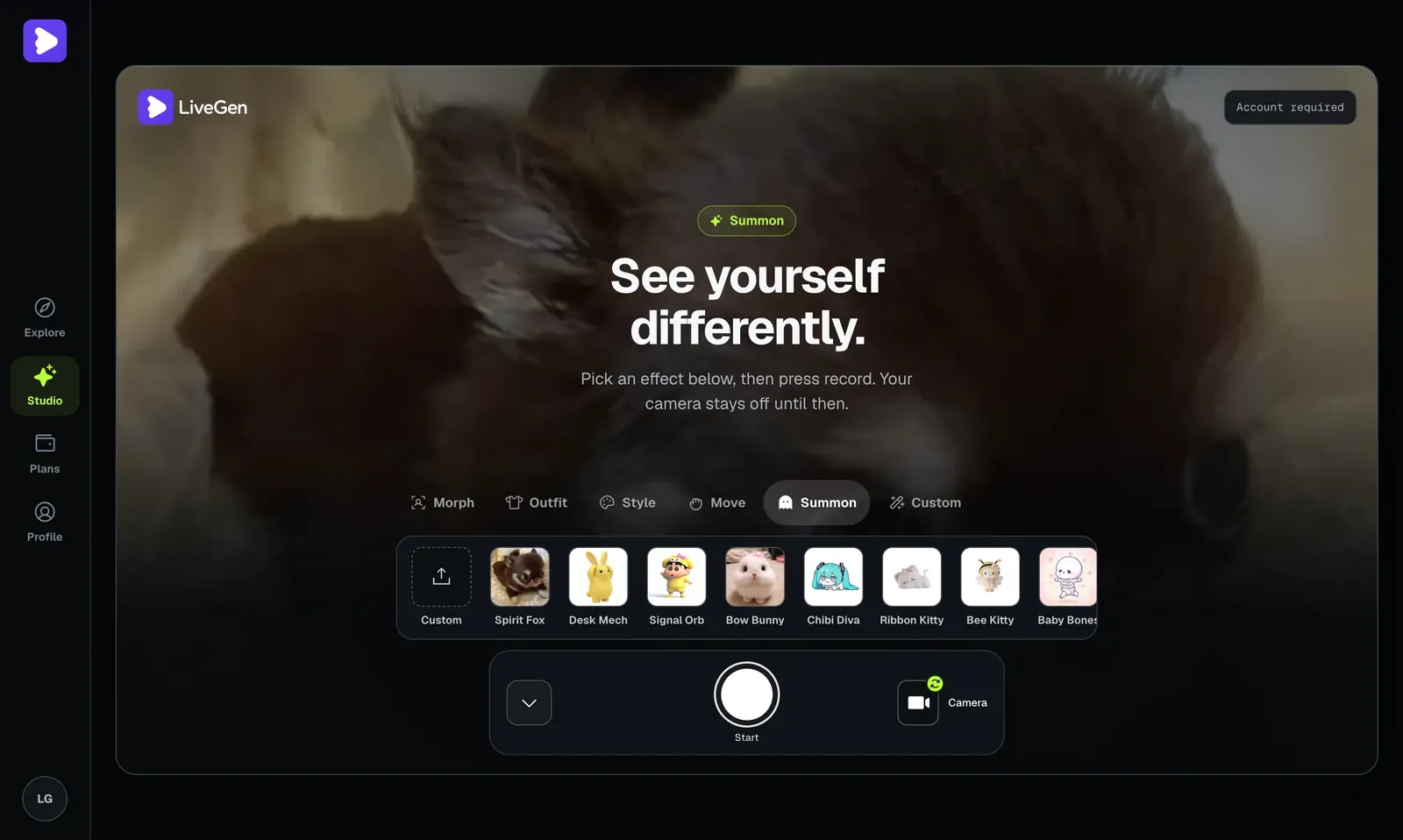 LiveGen Studio with the Summon chip selected, showing the character preset rail, the Custom upload tile, and the round Start button before the camera starts